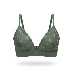 Aerie Women's Soft Padded Bra Small New Olive Green Floral Embroidered Bralette